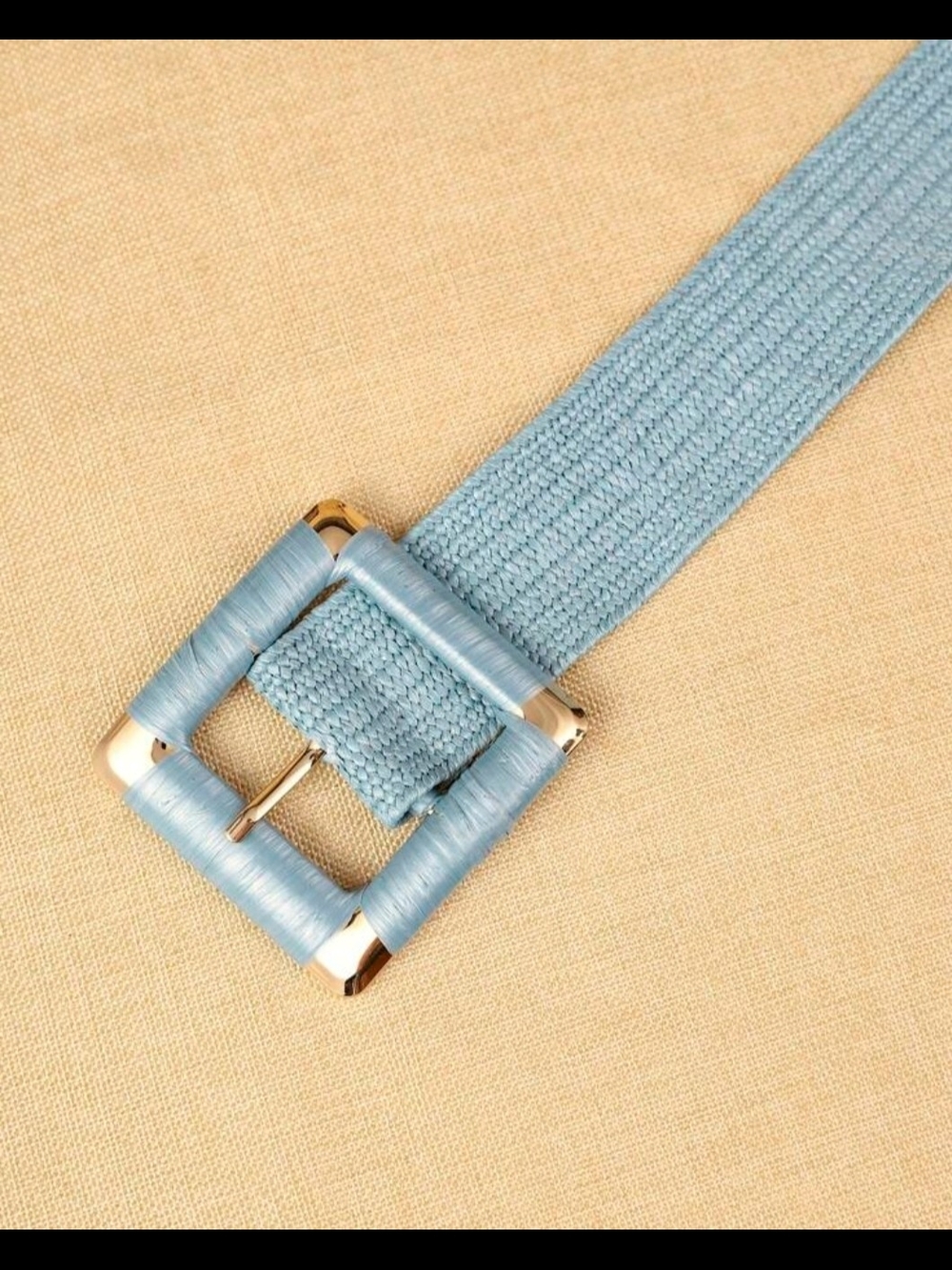 Light Blue Woven Waist Belt with Gold-Tone Buckle - Picture 4 of 9